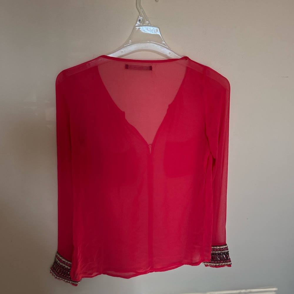 Zara Trafaluc Vibrant Pink Blouse Sheer Embellished Cuffs Medium Long Sleeve